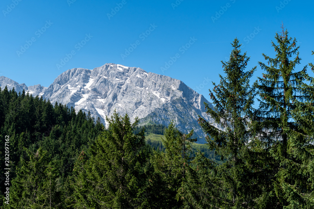 Obraz premium Scenic mountain view at Rossfeld Panorama Strasse Alpine pass road in Berchtesgaden National Park in Bavaria, Germany Europe in the summer of 2019