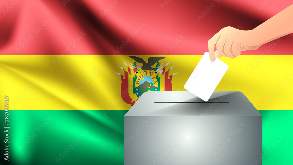 Male hand puts down a white sheet of paper with a mark as a symbol of a ballot paper against the background of the Bolivia flag, Bolivia the symbol of elections and bright flag background. Male hand puts down a white sheet of paper with a mark as a symbol of a ballot paper against the background of the Bolivia flag, Bolivia the symbol of elections and bright flag background.