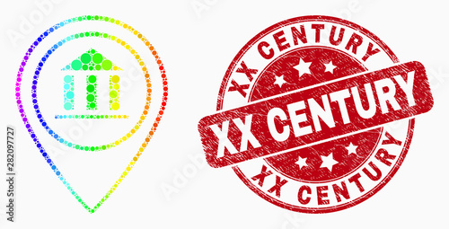 Pixel bright spectral museum map marker mosaic icon and XX Century stamp. Red vector rounded distress seal stamp with XX Century phrase. Vector collage in flat style.