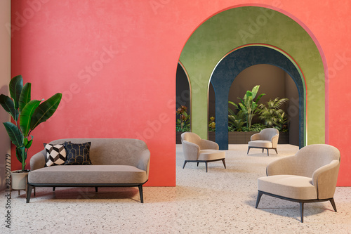 Colorful interior with archs, sofa, armchairs, terrazzo floor and plants. 3d render illustration mock up