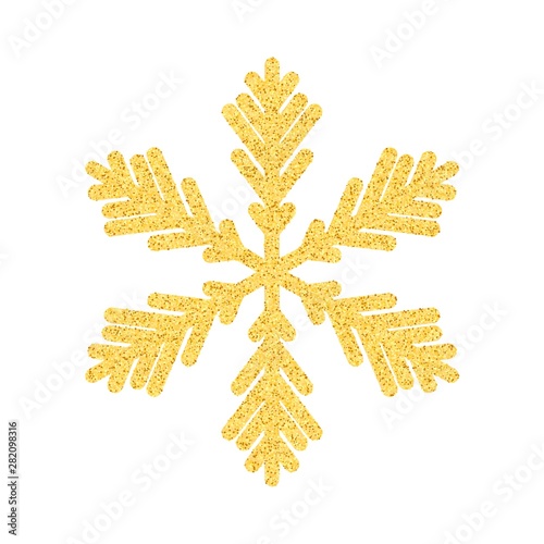 Set glitter snowflakes on white background with glowing lights. Golden sparks on a black backdrop. Kit for decorating festive greeting cards.