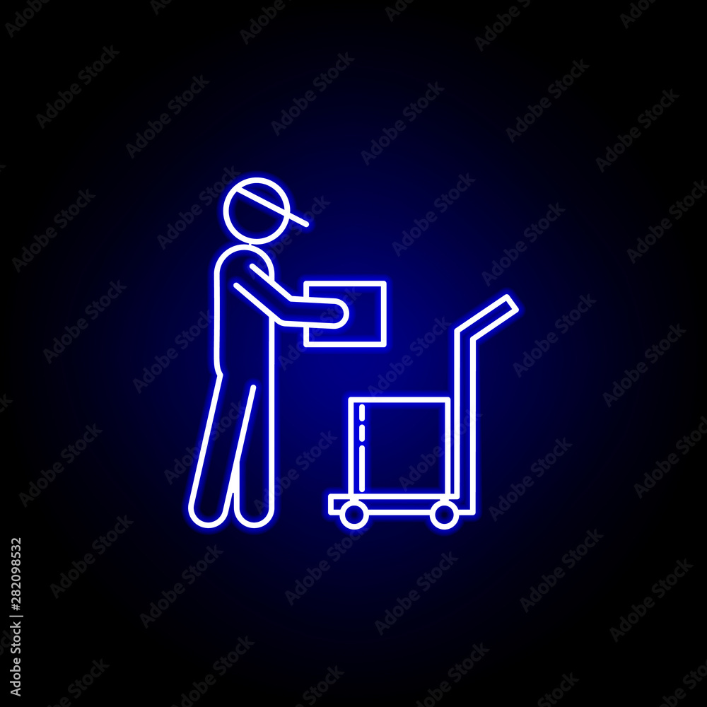 courier delivery line icon in blue neon style. Set of logistics illustration icons. Signs, symbols can be used for web, logo, mobile app, UI, UX courier delivery line icon in blue neon style. Set of logistics illustration icons. Signs, symbols can be used for web, logo, mobile app, UI, UX