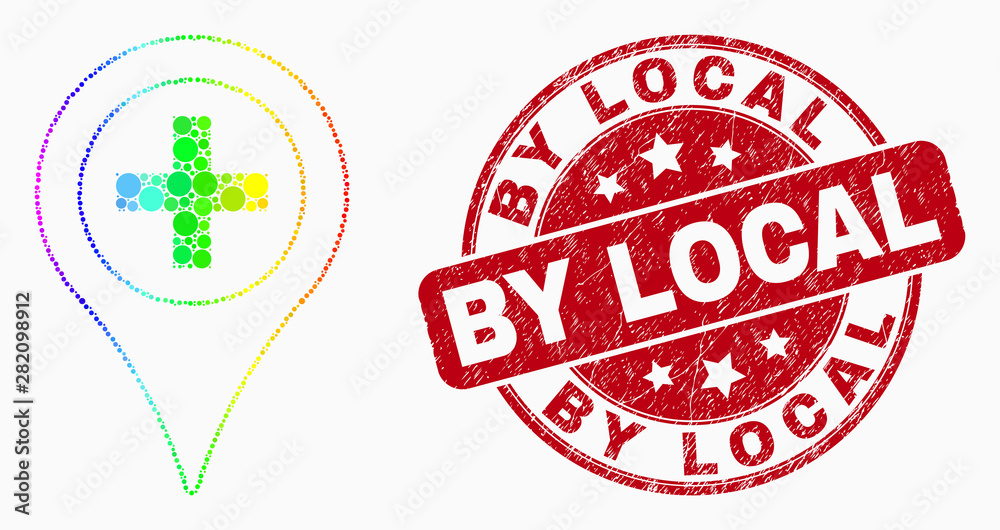 Pixel rainbow gradiented medical map marker mosaic pictogram and By Local seal. Red vector rounded distress seal with By Local message. Vector composition in flat style. Pixel rainbow gradiented medical map marker mosaic pictogram and By Local seal. Red vector rounded distress seal with By Local message. Vector composition in flat style.