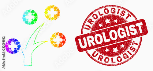 Pixel rainbow gradiented medical tree mosaic pictogram and Urologist stamp. Red vector round textured stamp with Urologist text. Vector composition in flat style.