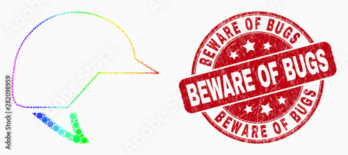 Pixel rainbow gradiented motorcycle helmet mosaic icon and Beware of Bugs seal stamp. Red vector round distress seal stamp with Beware of Bugs title. Vector collage in flat style.