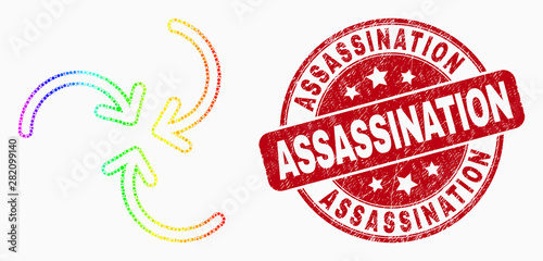 Pixel rainbow gradiented swirl arrows mosaic icon and Assassination seal stamp. Red vector round distress stamp with Assassination phrase. Vector collage in flat style.