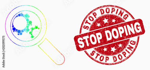 Pixel spectral explore gears mosaic icon and Stop Doping watermark. Red vector round distress watermark with Stop Doping title. Vector combination in flat style.