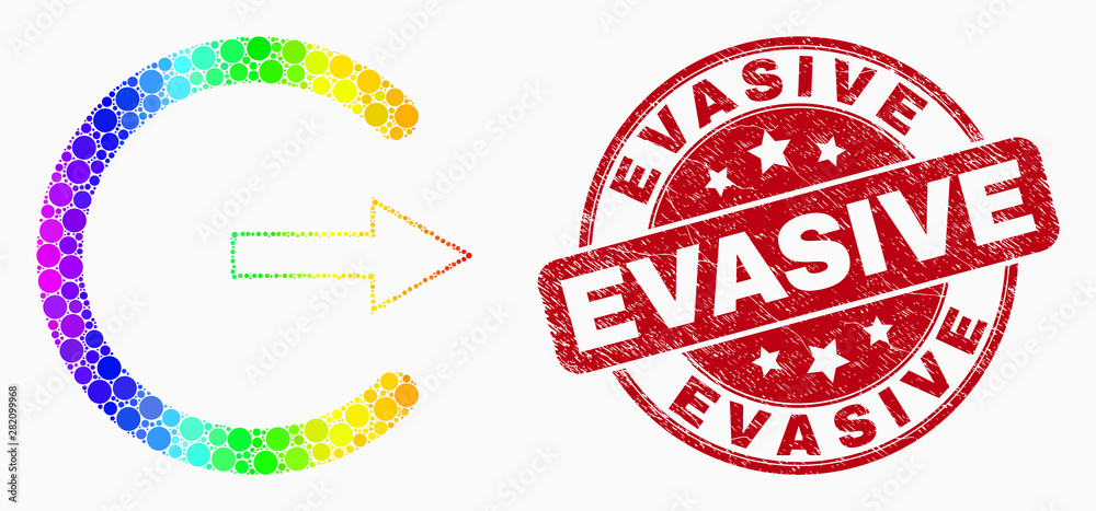 Pixel spectral log out mosaic pictogram and Evasive watermark. Red vector round scratched seal stamp with Evasive message. Vector combination in flat style. Pixel spectral log out mosaic pictogram and Evasive watermark. Red vector round scratched seal stamp with Evasive message. Vector combination in flat style.