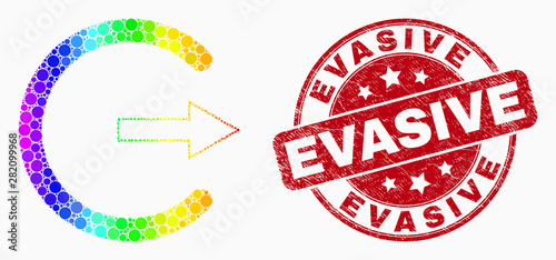 Pixel spectral log out mosaic pictogram and Evasive watermark. Red vector round scratched seal stamp with Evasive message. Vector combination in flat style.