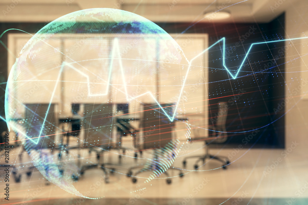Double exposure of stock market graph with globe hologram on conference room background. Concept of international finance Double exposure of stock market graph with globe hologram on conference room background. Concept of international finance