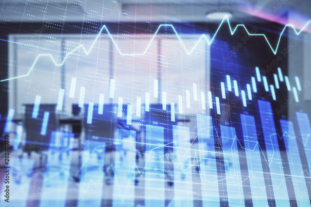 Double exposure of forex chart on conference room background. Concept of stock market analysis Double exposure of forex chart on conference room background. Concept of stock market analysis