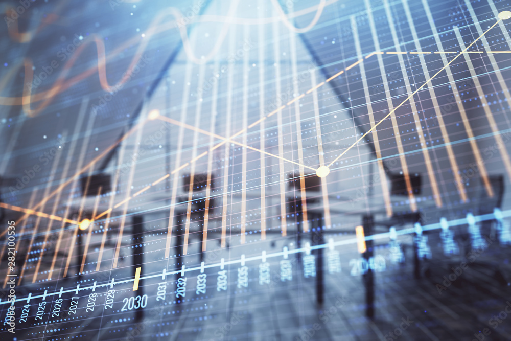 Double exposure of forex chart on conference room background. Concept of stock market analysis Double exposure of forex chart on conference room background. Concept of stock market analysis