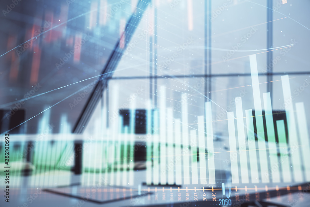 Double exposure of forex chart on conference room background. Concept of stock market analysis Double exposure of forex chart on conference room background. Concept of stock market analysis