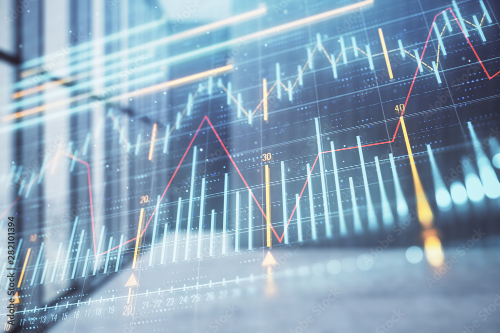 Double exposure of financial chart on empty room interior background. Forex market concept. Double exposure of financial chart on empty room interior background. Forex market concept.
