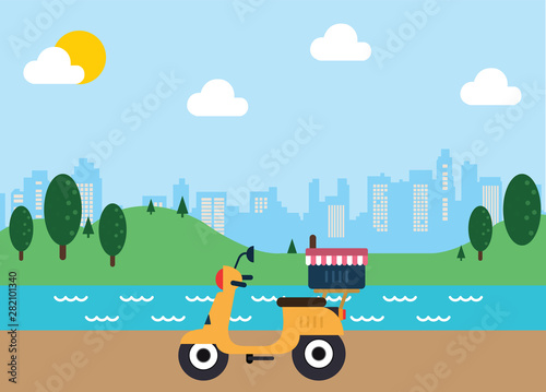 Scooter motorcycle on city background. Vector illustration of city landscape with scooter. town vector illustration