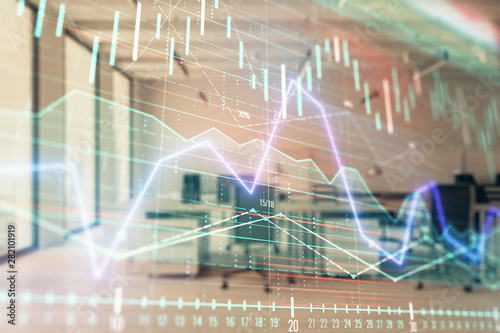 Wallpaper Mural Stock and bond market graph with trading desk bank office interior on background. Multi exposure. Concept of financial analysis Torontodigital.ca
