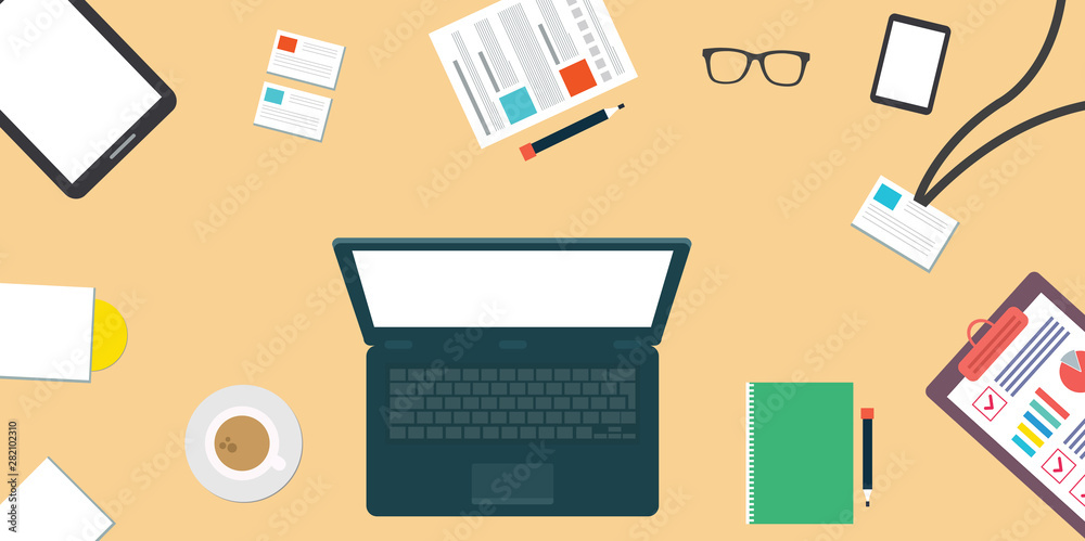 Top view elements. Desk background with laptop, digital devices, office objects, books and documents