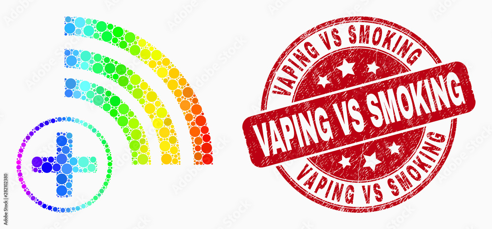 Pixel spectrum medical source mosaic pictogram and Vaping Vs Smoking stamp. Red vector rounded scratched seal stamp with Vaping Vs Smoking caption. Vector combination in flat style.