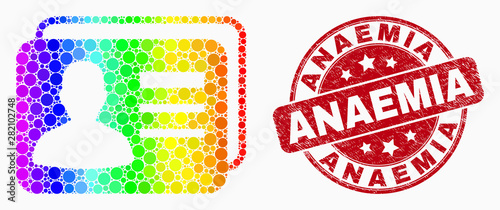 Pixel spectrum user cards mosaic icon and Anaemia seal stamp. Red vector rounded grunge seal with Anaemia title. Vector combination in flat style.