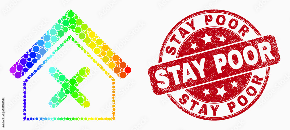 Pixelated bright spectral closed house mosaic icon and Stay Poor watermark. Red vector round textured watermark with Stay Poor title. Vector composition in flat style.