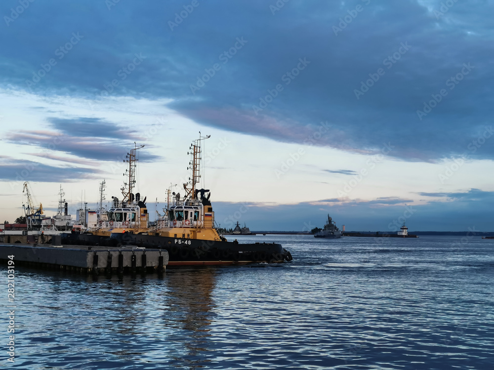 Kronstadt, Russian - July 23, 2019: view of the warships of the navy of Russia in the bay of Kronstadt