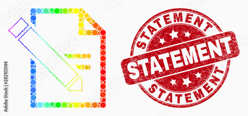 Pixelated bright spectral edit text page mosaic pictogram and Statement stamp. Red vector round distress seal with Statement title. Vector collage in flat style.