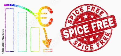 Pixelated bright spectral euro crisis chart mosaic pictogram and Spice Free seal stamp. Red vector round textured seal with Spice Free message. Vector collage in flat style.