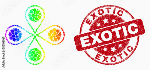 Pixelated bright spectral map markers mosaic icon and Exotic seal stamp. Red vector rounded scratched stamp with Exotic phrase. Vector collage in flat style.