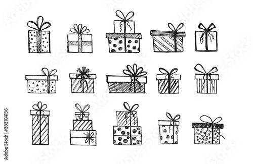 Doodle icons of gift box. Hand drawn elements.