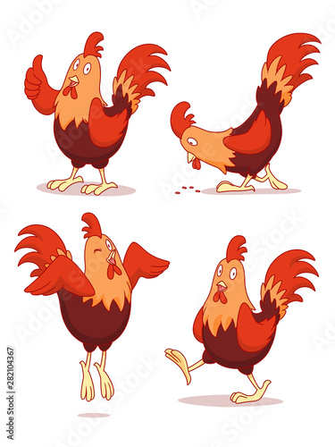 Set of cartoon chicken in different poses.