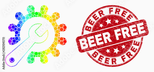 Pixelated bright spectral repair tools mosaic icon and Beer Free watermark. Red vector round grunge watermark with Beer Free phrase. Vector combination in flat style.