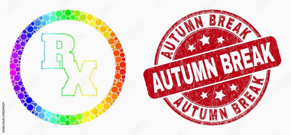 Pixelated bright spectral RX receipt symbol mosaic icon and Autumn Break stamp. Red vector round textured stamp with Autumn Break caption. Vector collage in flat style. Pixelated bright spectral RX receipt symbol mosaic icon and Autumn Break stamp. Red vector round textured stamp with Autumn Break caption. Vector collage in flat style.