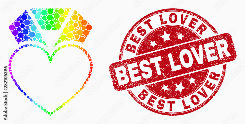 Pixelated rainbow gradiented heart award mosaic icon and Best Lover seal stamp. Red vector rounded scratched stamp with Best Lover message. Vector composition in flat style. Pixelated rainbow gradiented heart award mosaic icon and Best Lover seal stamp. Red vector rounded scratched stamp with Best Lover message. Vector composition in flat style.