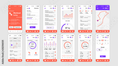 Set of UI, UX, GUI screens Fitness app flat design template for mobile apps, responsive website wireframes. Web design UI kit. Fitness Dashboard.