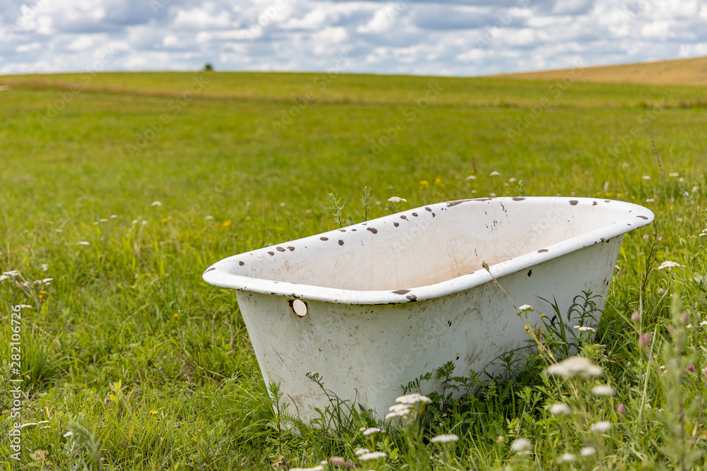 Old bath tube in the middle of the meadow.