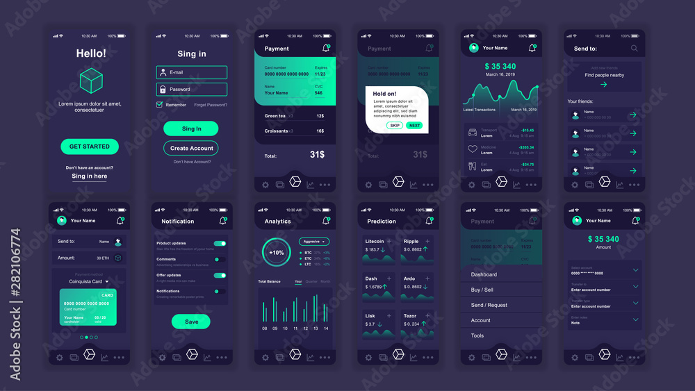 Set of UI, UX, GUI screens Cryptocurrency app flat design template for mobile apps, responsive website wireframes. Web design UI kit. Cryptocurrency Dashboard.