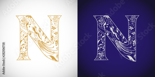 N logotype. Cutting golden logo. N-name idea. Concept of capital letter N in ethnical vip style. Isolated abstract graphic design template. Decorative symbol, royal fairy bird, grape. Brand identity.