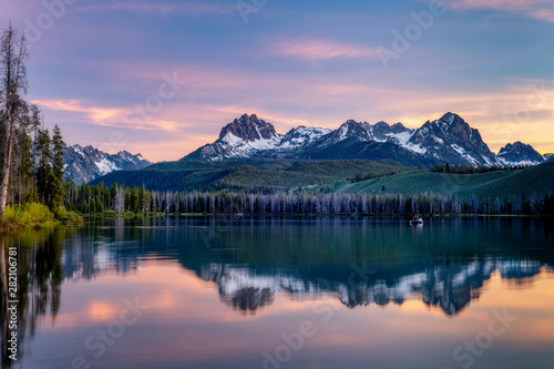 Fishing boat in Little Redfish Lake in Idaho at sunset © knowlesgallery