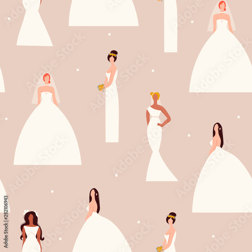 Fancy brides in trendy wedding dresses standing in various poses. Fashion look.  Female faceless characters. Hand drawn colored vector seamless pattern. Flat design