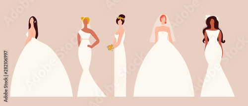 Five brides in trendy wedding dresses standing in various poses. Fashion look. Female faceless characters. Hand drawn colored vector set. Flat design. All elements are isolated