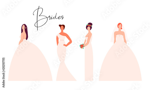 Four brides in trendy wedding dresses standing in various poses. Fashion look.  Female faceless characters. Hand drawn colored vector set. Flat design. All elements are isolated