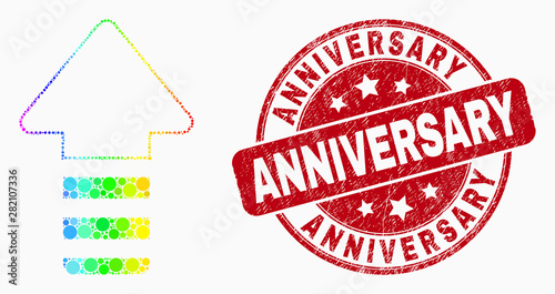 Pixelated spectral update arrow mosaic icon and Anniversary watermark. Red vector rounded textured seal stamp with Anniversary title. Vector composition in flat style.