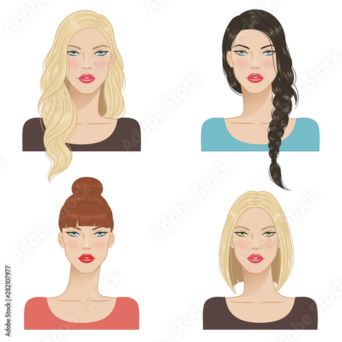 Beautiful young women with fashion trendy hairstyles. Fashion models with beautiful hair, vector illustration.