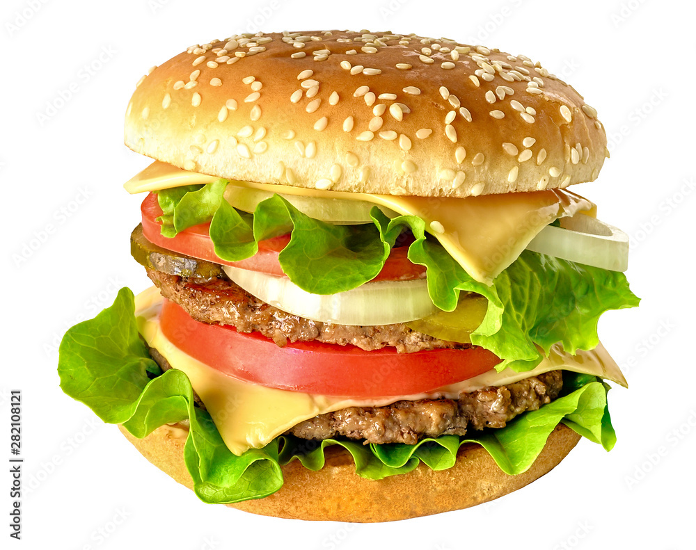 Delicious double tasty burger isolated on white background Delicious double tasty burger isolated on white background