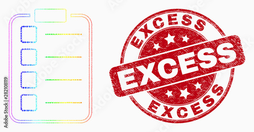 Pixelated spectrum list items pad mosaic icon and Excess seal stamp. Red vector rounded grunge watermark with Excess title. Vector composition in flat style.