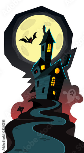 Cartoon scary haunted house on the hill. Halloween vector illustration