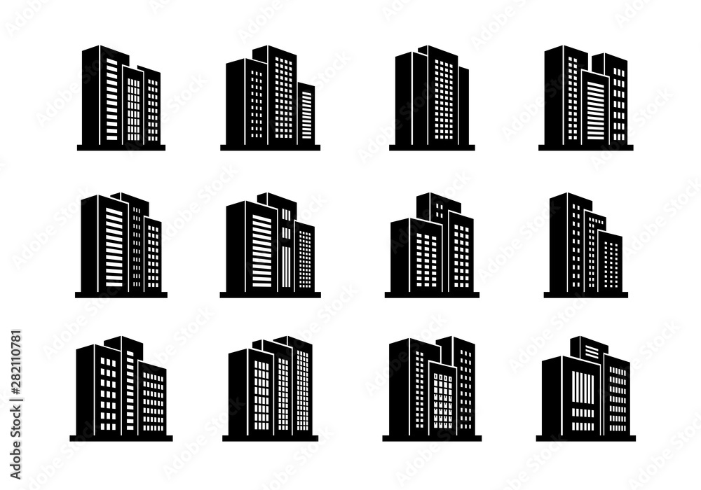 Perspective buildings and bank icons set, Company and office vector collection, Isolated edifice and residential