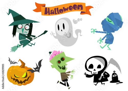 Cartoon set of Halloween symbols and characters. Vector illustration