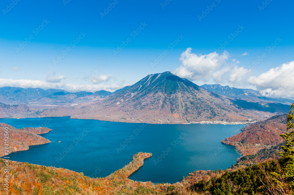 Aerial photography beautiful Mount Nantai and Lake Chuzenji in autumn season, Nikko, Japan 