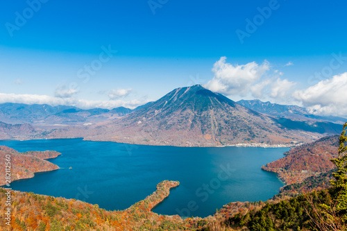 Aerial photography beautiful Mount Nantai and Lake Chuzenji in autumn season, Nikko, Japan  © chuck hsu